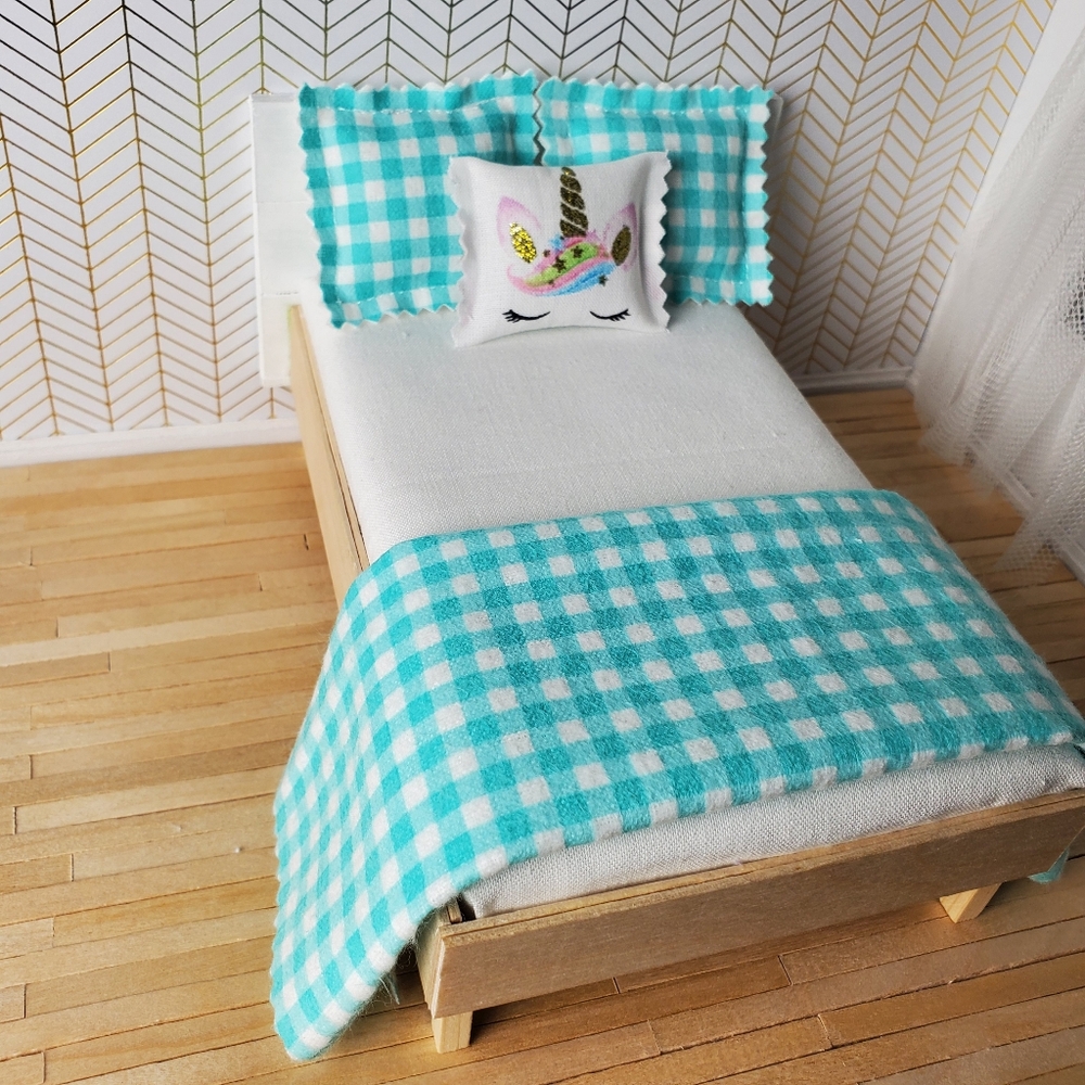 Miniature Dollhouse Turquoise Checkered Throw Blanket Pillow Set 1:12 Scale